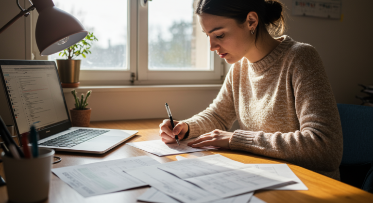 Auto-entrepreneur remplissant un devis à son bureau