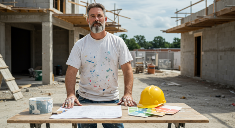 Artisan peintre avec un devis de chantier sur table de travail