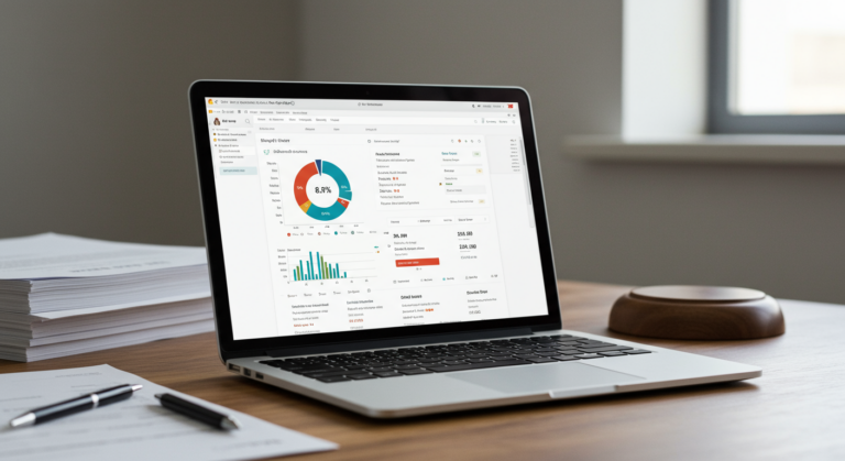 Dashboard Shopify avec documents CGV sur un bureau moderne