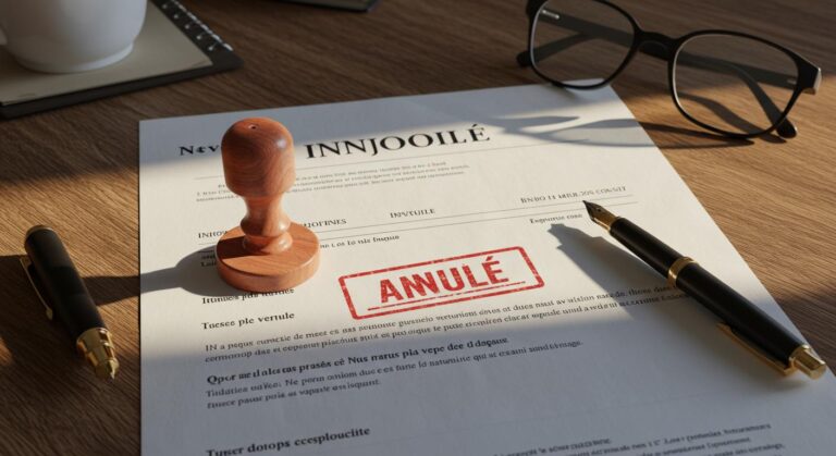 Devis papier avec tampon rouge ANNULÉ posé sur un bureau en bois avec stylo plume et lunettes - illustration éditoriale annulation contrat