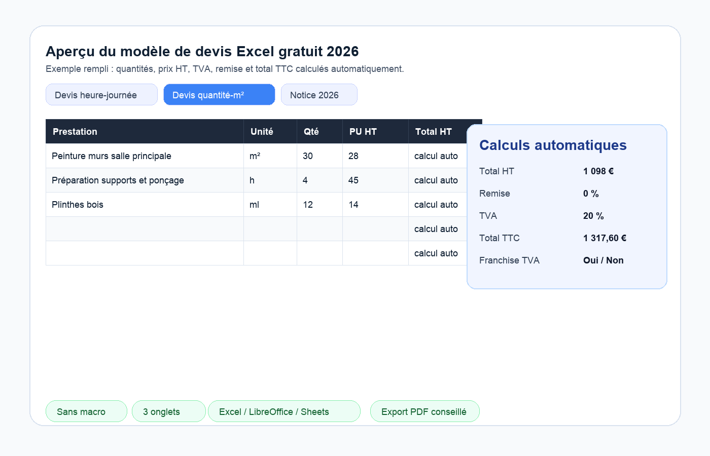 Aperçu du modèle de devis Excel gratuit avec calcul TVA automatique